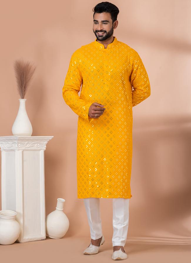 Viscose Yellow Festival Wear Embroidery Work Kurta Pajama